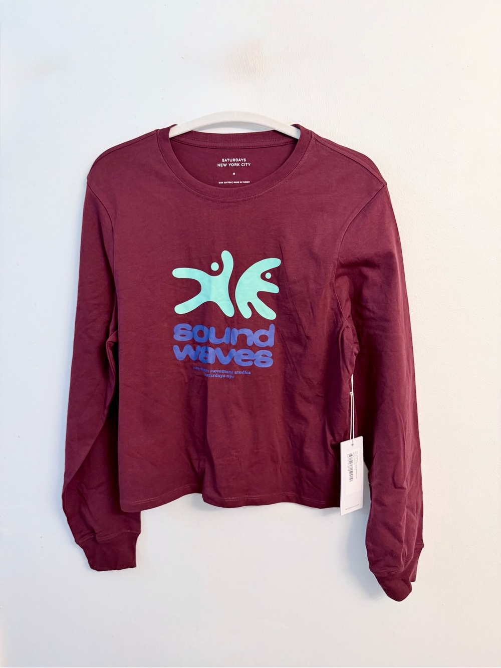 Saturdays New York City Burgundy Long Sleeve Tee with Aqua Graphic and Blue Text